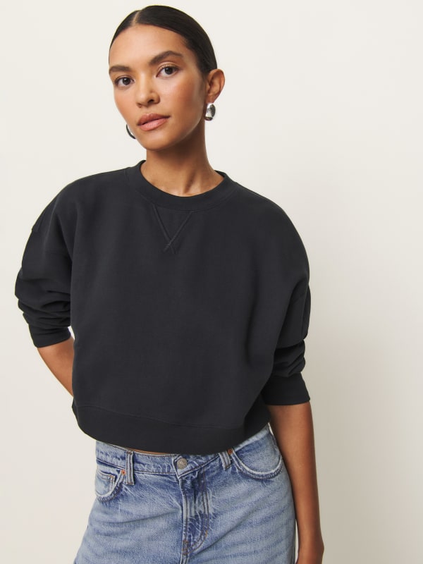Grace Cropped Vintage Oversized Crewneck Sweatshirt - Black